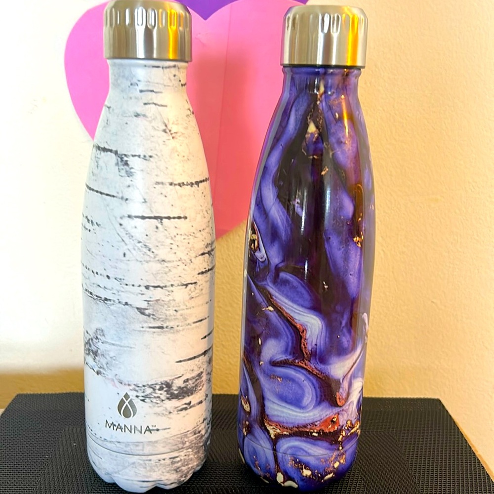 2-Manna Stainless Steel Water Bottles-Set of 2-Blue Stone & White/Black Paper